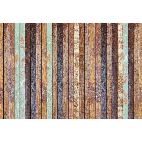 Papier peint panoramique vintage aspect lame | Tapisserie panoramique bois abîmé effet nature | Papier peint panoramique chambre tendance brun & bleu - 384 X 260 cm (8 pièces) (1/2)