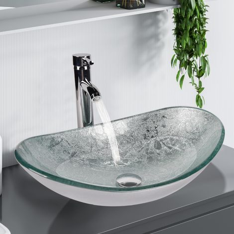Puluomis – Vasque à poser en verre trempé 53x35x16cm – Lavabo ovale argenté pour salle de bain – Épaisseur 1,2cm – Hauteur robinet 30cm