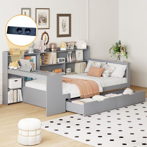 Divano letto in legno massello, 90200 cm, con scrivania, libreria, vani portaoggetti e ripiani, con presa di corrente, con 2 ampi vani portaoggetti, letto multifunzionale in legno, grigio (1/5)