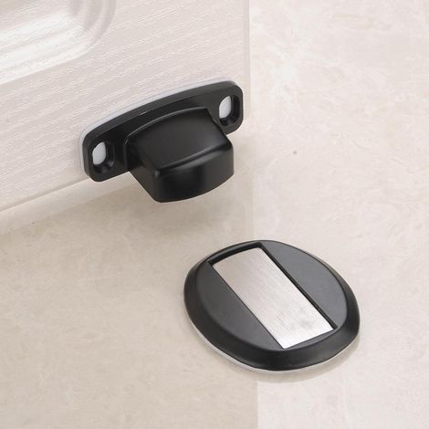 Butée de porte magnétique robuste en métal noir (lot de 2), avec vis auto-adhésives dissimulées 3M pour fixation au sol. (1/5)