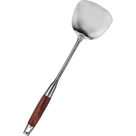 Spatule à wok en acier inoxydable antirouille, facile à nettoyer, compatible lave-vaisselle, avec manche en bois et résistante à la chaleur. (1/5)