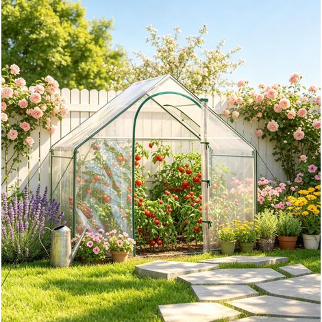 Serre de jardin compacte avec porte et fenêtres enroulables, bâche PVC transparente, structure acier (1/5)