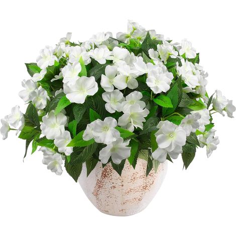 4 Pièces Fleurs Artificielles Impatiens Extérieures Résistantes aux UV Plantes Artificielles en Soie Décoration Jardin Terrasse Balcon, Blanche (1/5)