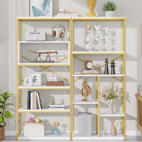 Regal aus MDF und Metall in Gold-Weiß 160 x 29,5 x 180 cm, offenes Mehrfächerregal (1/5)