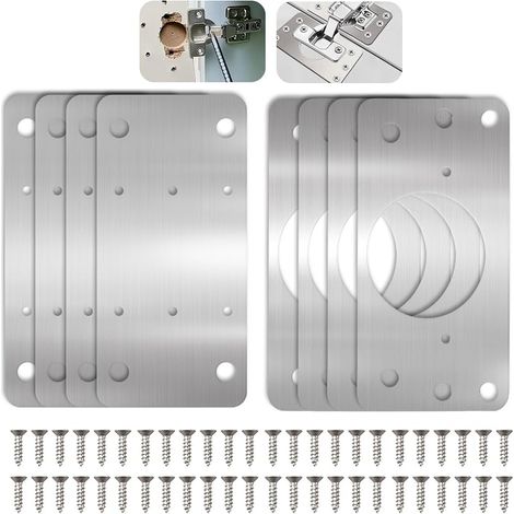 Plaque Reparation Charniere Porte Placard, 8 Pièces Réparation Charnières Meuble Cuisine Quincaillerie Plate Inoxydable Kit de Renforcement Fixation Porte avec Vis pour Bois Étagère Armoire (9046mm) (1/5)