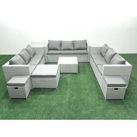 Fimous Ensemble de meubles de jardin en rotin 12 places avec Canapé 3 Tabourets Table d'appoint Gris clair mixte (1/5)