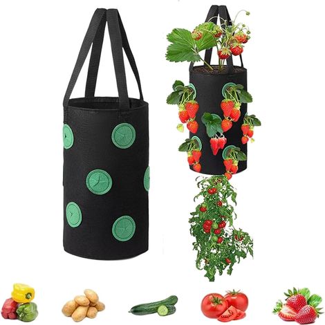 (13 litres, 20 x 35 cm, 13 trous, vert foncé à pois noirs) 1 sac de plantation pour fraisiers avec poignée, pot de fleurs à suspendre, couleur vanill