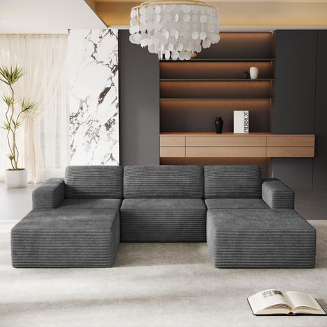 Canapé Modulaire 3 Places Compressé en U,Velours Côtelé,2 Pouf,Sans Assemblage,Pour Salon,303x202x82cm,Gris