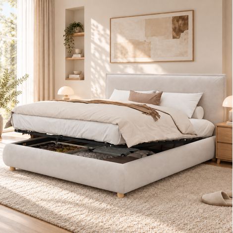 MODFU – Lit coffre hydraulique 160x200 cm velours – Sommier lattes et tête rembourrée – Pieds bois massif et charge 220 kg – Chambre – Crème (1/5)