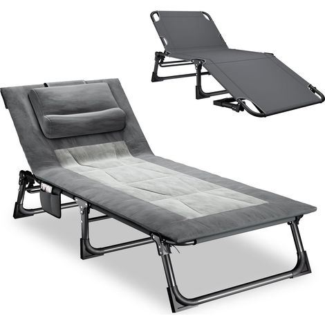 Chaise longue pliable avec dossier réglable, matelas et oreiller - Chaise longue de jardin portable pour piscine, terrasse, camping, gris (1/5)