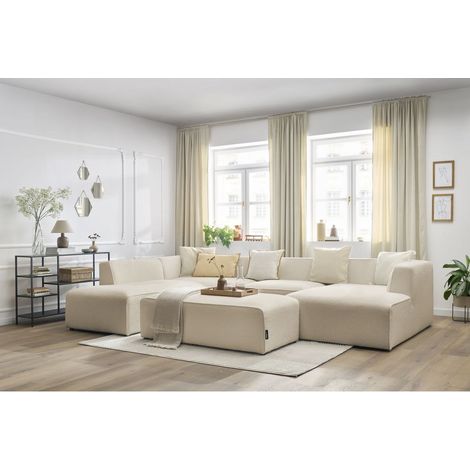 Canapé panoramique BOBOCHIC - Canapé panoramique fixe MEGEVE avec pouf tissu bouclette Angle droit Beige (1/5)