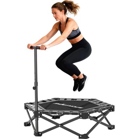 Fitness-Trampolin mit verstellbarem T-Griff, faltbar, Tragetasche, 120 kg Belastbarkeit, Stahl, Kunststoff, Schwarz