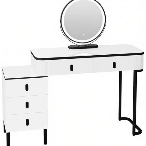 Tavolo da trucco bianco e nero con specchio LED girevole 45 cm, 5 cassetti, 100 x 40 cm, MODENUIT (1/5)