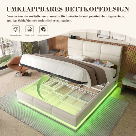 160x200 cm Lit en velour moderne avec tête réglable en hauteur - Y compris connexions USB/Type C, éclairage ambiant LED, système d'ascenseur hydraulique et espace de rangement XXL (sans matelas)