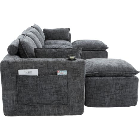 Divano modulare 4 posti in ciniglia grigio scuro con 2 pouf, tasche e porta bicchieri (1/5)