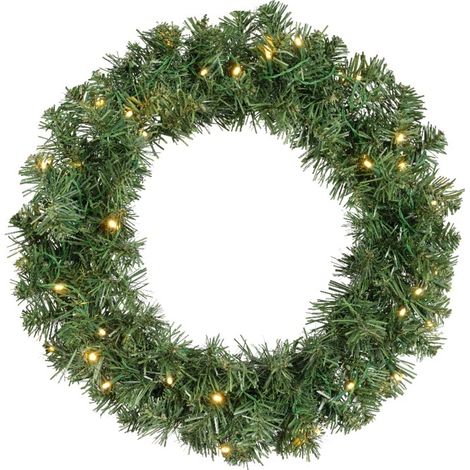 Battery Operated Green Christmas Door Wreath - Warm White Lights - 50cm Diameter