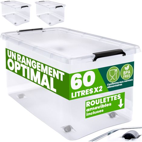 Deuba – Boîte de rangement empilable 60L en polypropylène transparent – Couvercle avec charnières – Résistante aux températures de -30°C à 90°C