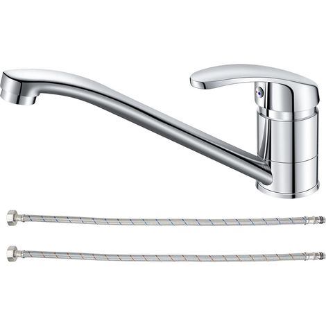 Robinet Cuisine Mitigeur d'Evier, Chromé Laiton Robinet de Cuisine Monocommande, Mitigeur Cuisine Orientable à 360°, Conduites d'eau Chaude et Froide de 60 cm et Accessoires Complets (1/5)
