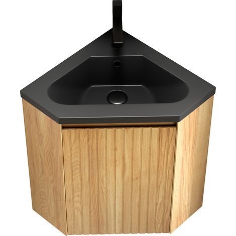 Meuble lavabo d'angle 38 cm avec vasque intégrée en résine mate noire et meuble en contreplaqué triangulaire naturel pour salle de bain (1/5)