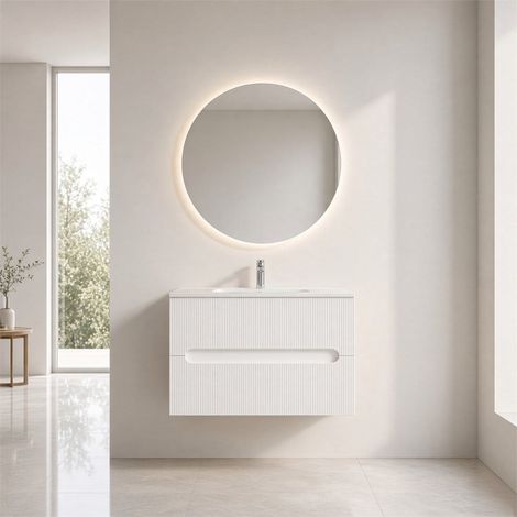 Meuble De Salle De Bain Suspendu 80Cm Blanc Avec Façade Cannelée Blanche Magnolia (1/5)