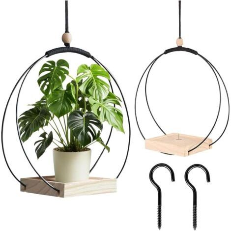 Suspension Plante Intérieure, 2 Pièces Pot Suspendu Plant Interieur, Pot de Fleur Suspendu Intérieur avec Anneau en Métal et Base en Bois, Plante Suspendue pour Décoration de Maison Jardinage (1/5)