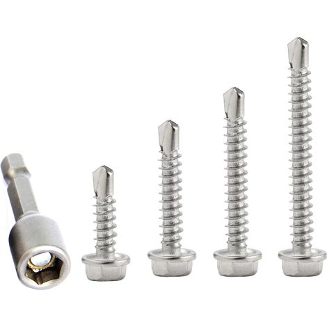 Assortiment de vis M4.8 inox 410 16/25/38/50 mm autoperceuses hexagonales pour métal, bois, PVC, plâtre, plaque d'immatriculation (1/5)