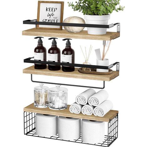 Lot de 3 Étagère Murale Bois avec Panier de Rangement en Fil métallique, Lot de 3 + 1 (Rustique) (1/5)