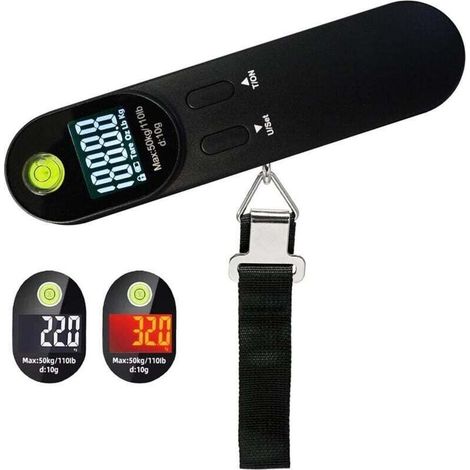 Bilancia digitale portatile per bagagli con gancio, con livella integrata, gadget da viaggio, con funzione tara fino a 50 kg, nero (1/4)