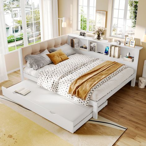 Canapé-lit 140x200 cm - avec lit gigogne - avec bande lumineuse LED - avec port USB - blanc (matelas non inclus) (1/5)
