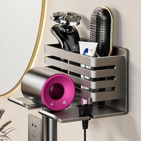 Supporto per asciugacapelli – Installazione senza foratura – Supporto per asciugacapelli da bagno – Organizzatore con fissaggio a ventosa – Montaggio a parete – Scaffale portaoggetti (1/3)