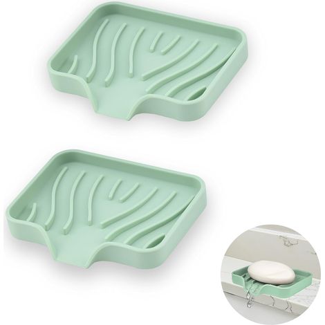 2-teilige Silikon-Seifenschale, Seifenhalter für Badezimmer mit Abfluss, abgewinkelter Seifenhalter, rutschfeste Seifenschalen für Dusche, Küche und Badewanne (Grün) (1/5)