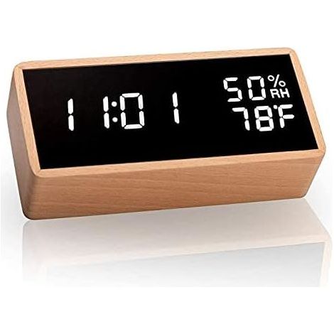 Electronic Alarm Clock, Wooden Digital Alarm Clock with 3 Alarm Settings, USB Powered Digital Clock with Time, Temperature and Humidity LED Display (Yellow) (1/5)