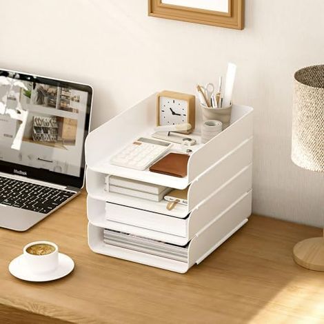 Corbeille de rangement A4 à quatre niveaux multifonction en plastique PET - Organiseur de bureau empilable (1/5)