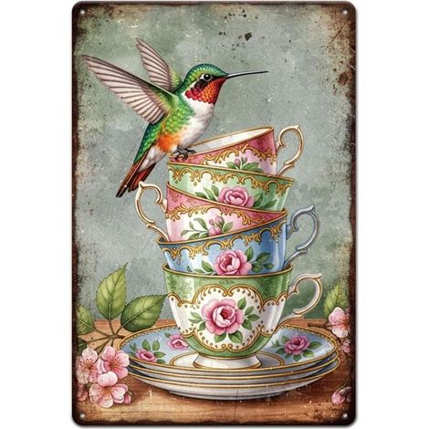 Plaque en étain métallique de colibri et de tasses à thé empilées, Fleurs, Peinture en étain vintage, Plaques, Art mural rétro 30x20 cm, Plaque, Affiche pour la décoration de maison, chambre, dortoir (1/5)