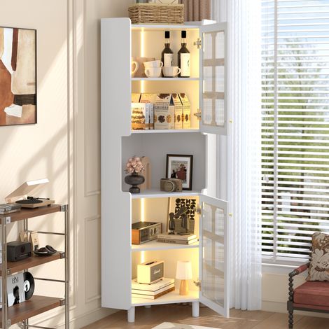 Mueble Esquinero de Almacenaje con 2 Puertas, 1 Hueco Abierto y LED, en MDF Lacado, para Salon, 63.5×157.5 cm, Blanco (1/5)