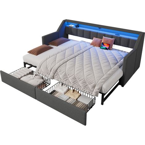 CAIziLit de jour 90x200, canapé-lit USB/Type-C, LED, tiroirs, sans matelas (1/5)