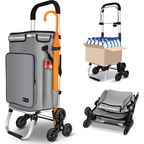 Chariot de Courses 6 Roues en Aluminium avec Compartiment Impermeable Isotherme et Crochets Caddie de Courses Pliable 3 en 1 Sac Grande Capacité Chariot Montant Escalier Gris (1/5)