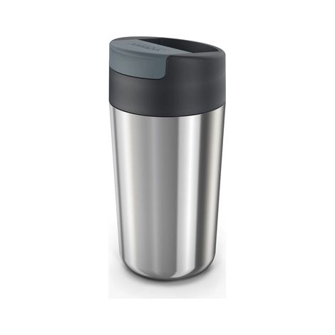 Sipp Joseph Joseph, taza de viaje grande con tapa abatible, acero inoxidable, 454 ml, diseño a prueba de fugas, color antracita, para bebidas calientes, reutilizable.