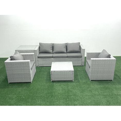 Fimous 5-Sitzer Polyrattan Gartenmöbel Set mit 3-Sitzer Sofa 2 Sesseln Quadratischer Couchtisch Beistelltisch Hellgrau gemischt (1/5)