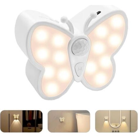 Veilleuse avec détecteur de mouvement, lampe de nuit LED papillon avec spot intégré, rechargeable par USB, intensité variable, éclairage pour placard, escalier, couloir, salle de bain, chambre d'enfan (1/4)