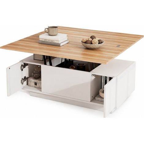 ELVMI Mesa de Centro Elevable con Doble Tablero, 2 Puertas y Almacenamiento Oculto, en Tablero de Partículas, Blanca (1/5)