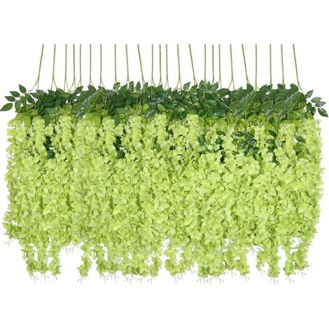Fleurs artificielles, 24 tiges de glycine artificielles, fleurs en soie suspendues, décoration pour la maison, les mariages, les fêtes (24 pièces, 110 cm par tige, vertes) (1/5)