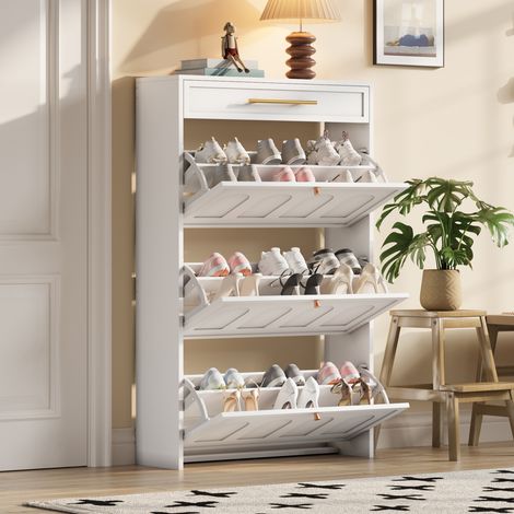 Zapatero moderno (70x25x123.5 cm), con 6 baldas, 1 cajón, MDF, blanco (1/5)