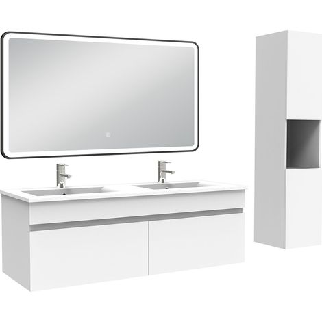 Ocean Meuble double vasque 120cm avec colonne + miroir lumineux 3 couleurs blanc (1/5)