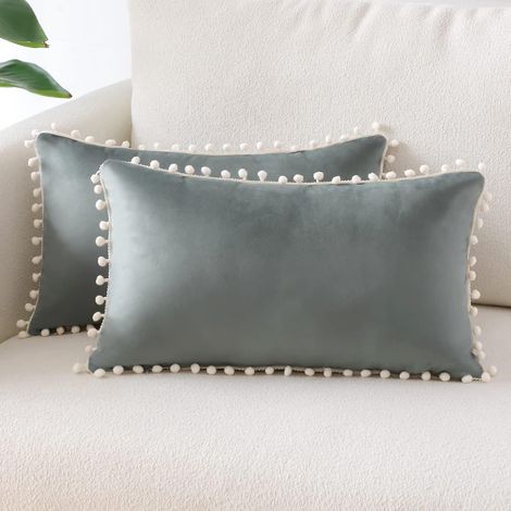 (30x50 Cm, Gris Clair)lot De 2 Housses De Coussin Dcoratives En Velours Doux Pompons Taies D'oreiller Dcoration D'intrieur Housse Coussins Pour Ca (1/5)