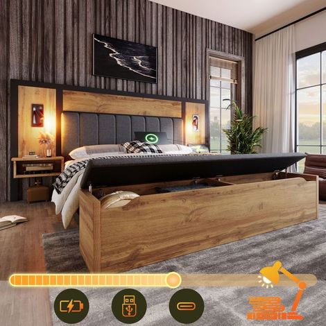 Lit Coffre 160x200 avec Banc de Rangement - Lit Rembourré - Lampe LED, USB-C, Chevet, Sommier à Lattes, Lin et Chêne (1/5)