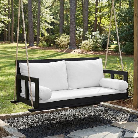Balancelle de jardin double en acacia noire avec coussins en polyester (1/5)