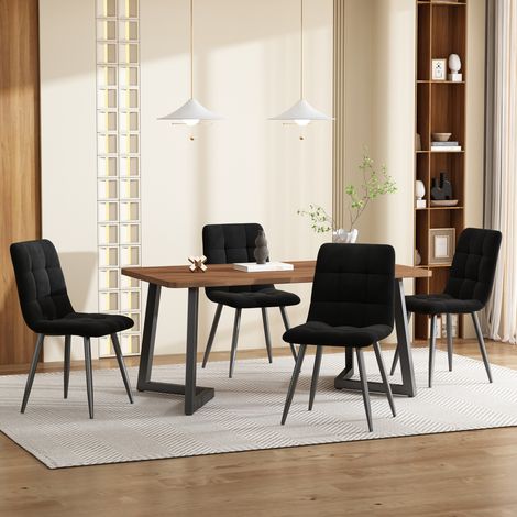 Essgruppe (5-tlg),Esstisch mit 4 Stühlen Set, Moderner Küchentisch Set , Holzmaserung Küchentisch mit Schwarz Metallbeinen, MDF Tischplatte in Walnussfarbe,Schwarz Samt Esszimmerstühle (1/5)