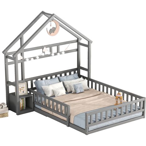 Lit cabane enfant 140 x 200 cm avec barrière de sécurité et table de chevet intégrée, structure en bois de pin gris pour chambre d’enfant, CHICFURN (1/5)