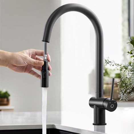 Rubinetto da cucina nero estensibile, 2 tipi di getto, rubinetto per lavello ad alta pressione girevole a 360°, miscelatore in acciaio inox con doccetta estraibile, rubinetto da cucina nero (1/5)